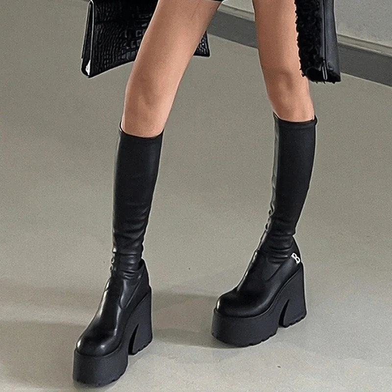 Plate-forme de style punk bottes Boots mode élégant carré chaussures à talon haut d'automne hiver féminins morder long bottillage 0b7b