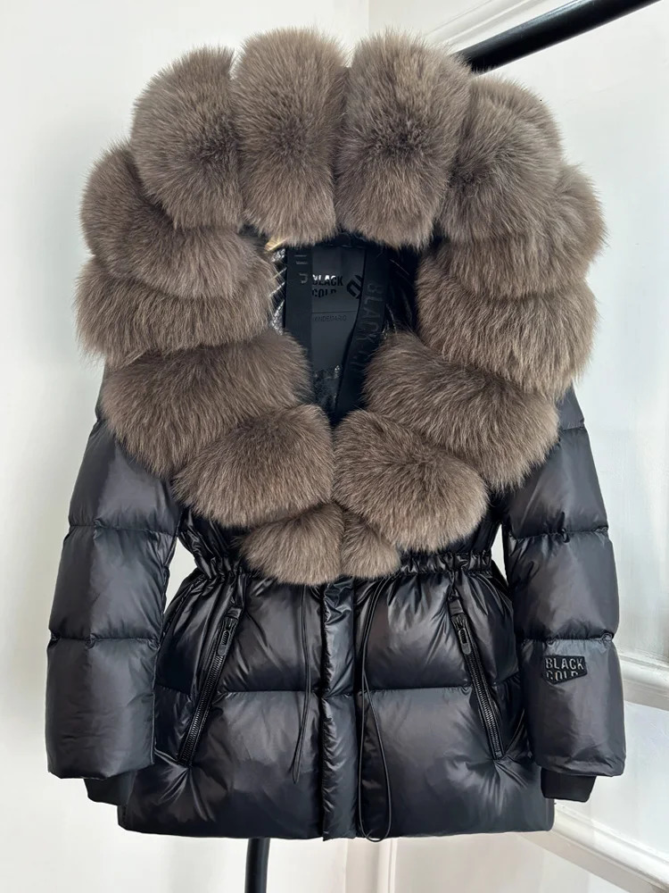 Janveny Smooth Waterproof Puff Jacket for Women Winter True Fox Fur Hooded Women Parkas Shining 90% Duck Down Jacket 241030