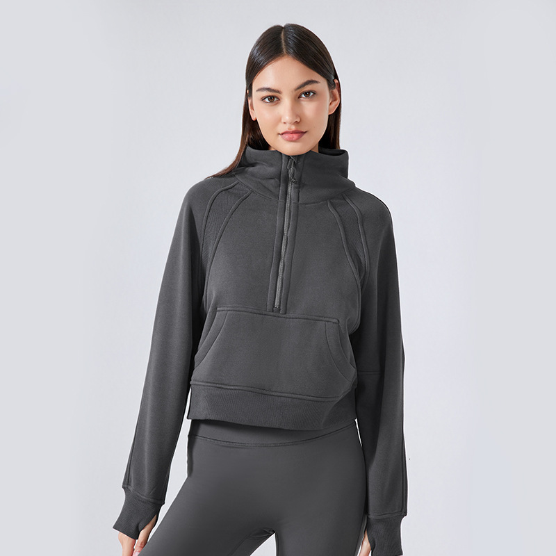 Oversized Yoga Outfits Women Fiess Hoodies Runing Jacket Ladies Sport Half Zipper Sweatshirt Designer Thick Loose Short Style Coat With Fleece Thumb