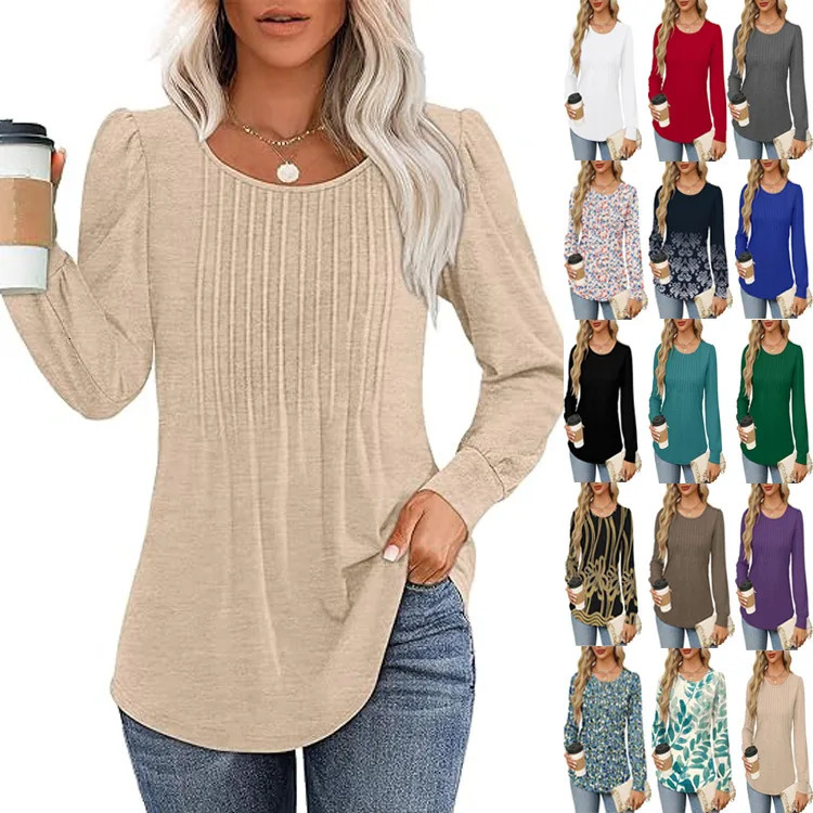 2024 Spring Autumn Womens Long Sleeve Tops Floral Print Pleated Low Round Neck T-shirt Female Casual Undershirt Top Women 241031
