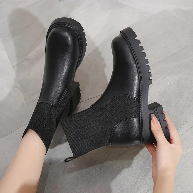 Autumn Winter Fashion Women Female PU Leather High Heels Platform Shoes Ladies Knitted Sexy Ankle Boot 83b4