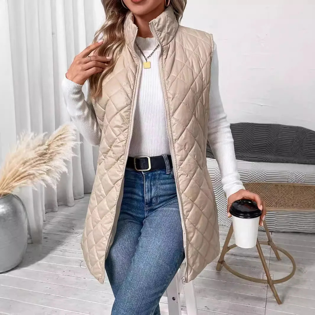 Women Sleeveless Zip Up Vest Mandarin Collar Puffer Jacket 2025 Fall Lightweight Black Pink Khaki Red Coffee Coats with Pockets 241030