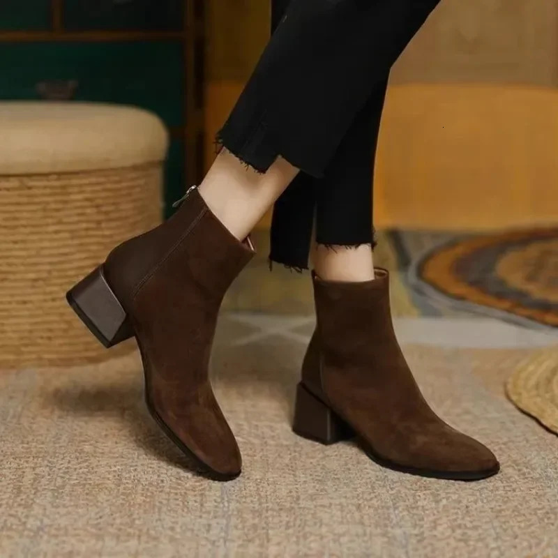 Shoes Zipper Womens Spring Autumn Square Toe Suede Solid Short Barrel Chunky Heels Fashion Boot 110b