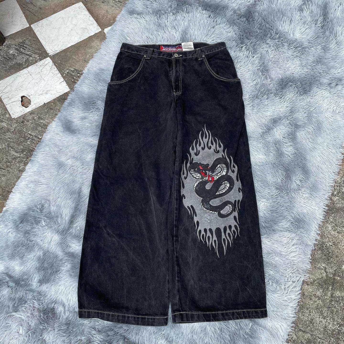 Men's Jeans Jnco Y2k Jeans Harajuku Hip Hop Cobra Graphic Print Gothic Baggy Jeans Black Pants Men Women 2023 New High Waisted Wide Trousers T2