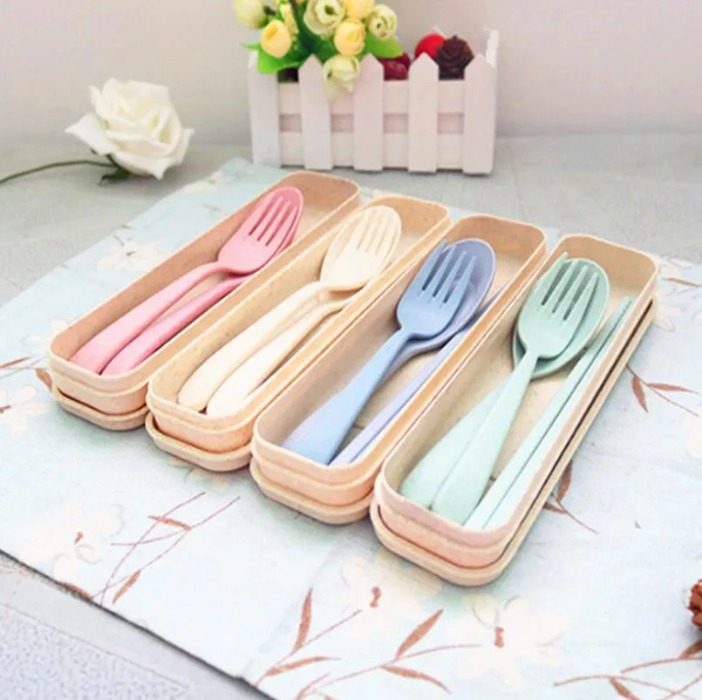 Exquisite Health Environmental Wheat Platycodon Straw Cutlery Set Portable Camping Tablewarel Spoon Fork Chopsticks Custom Logo LX3963