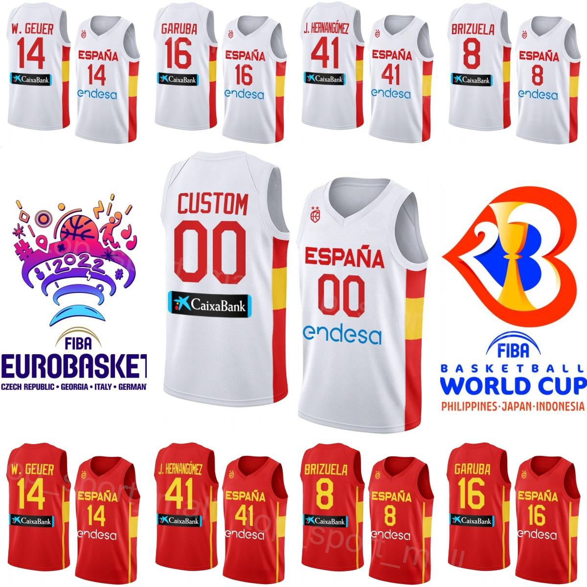 Imprimer Maillot de basket-ball Espagne Coupe du monde 2023 14 Willy Geuer 41 Juancho Hernangomez 24 JUAN NUNEZ 12 SANTIAGO ALDAMA 23 SERGIO LLUL