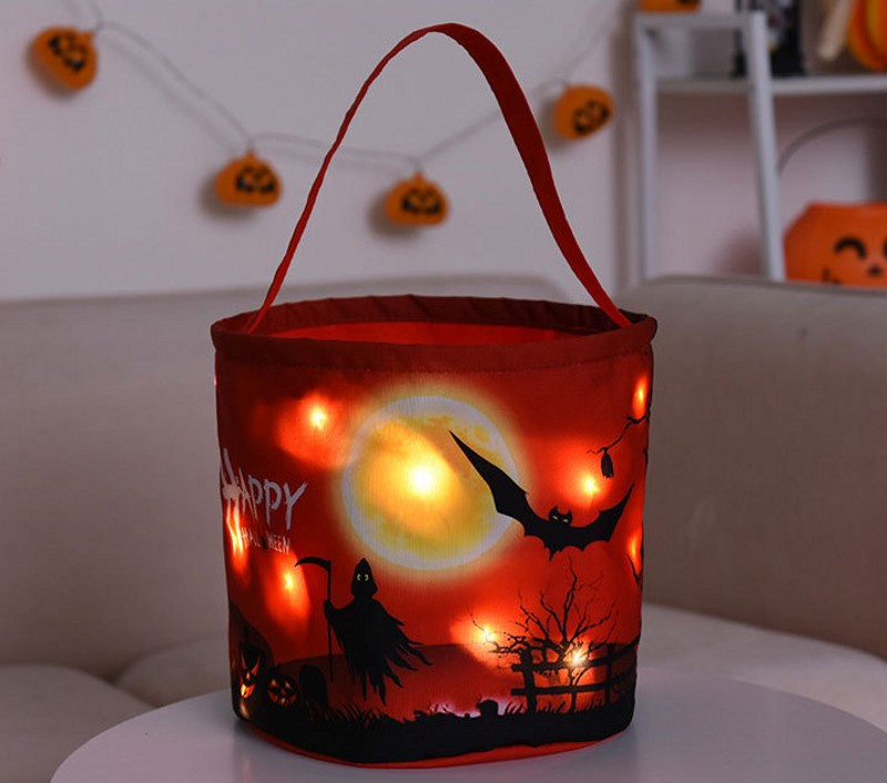 Halloween Candy Bucket with LED Light Halloween Basket Trick or Treat Bags Reusable Tote Bag Pumpkin Candy Gift Baskets for Kids Party Supplies Favors