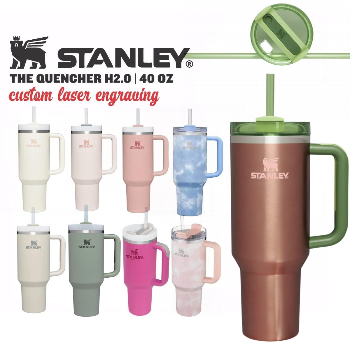 DHL Dune pastèque Stanley Quencher H2.0 Gobelets de 40 oz avec poignée Tasses de voiture isolées Couvercles et pailles en acier inoxydable Tie Dy