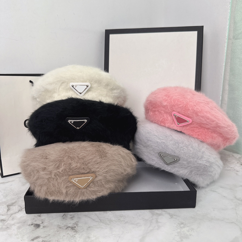 Designer beanie hat inverted triangle logo rabbit hair beret winter thickened plush insulation flat top hat British style top hat vintage painter