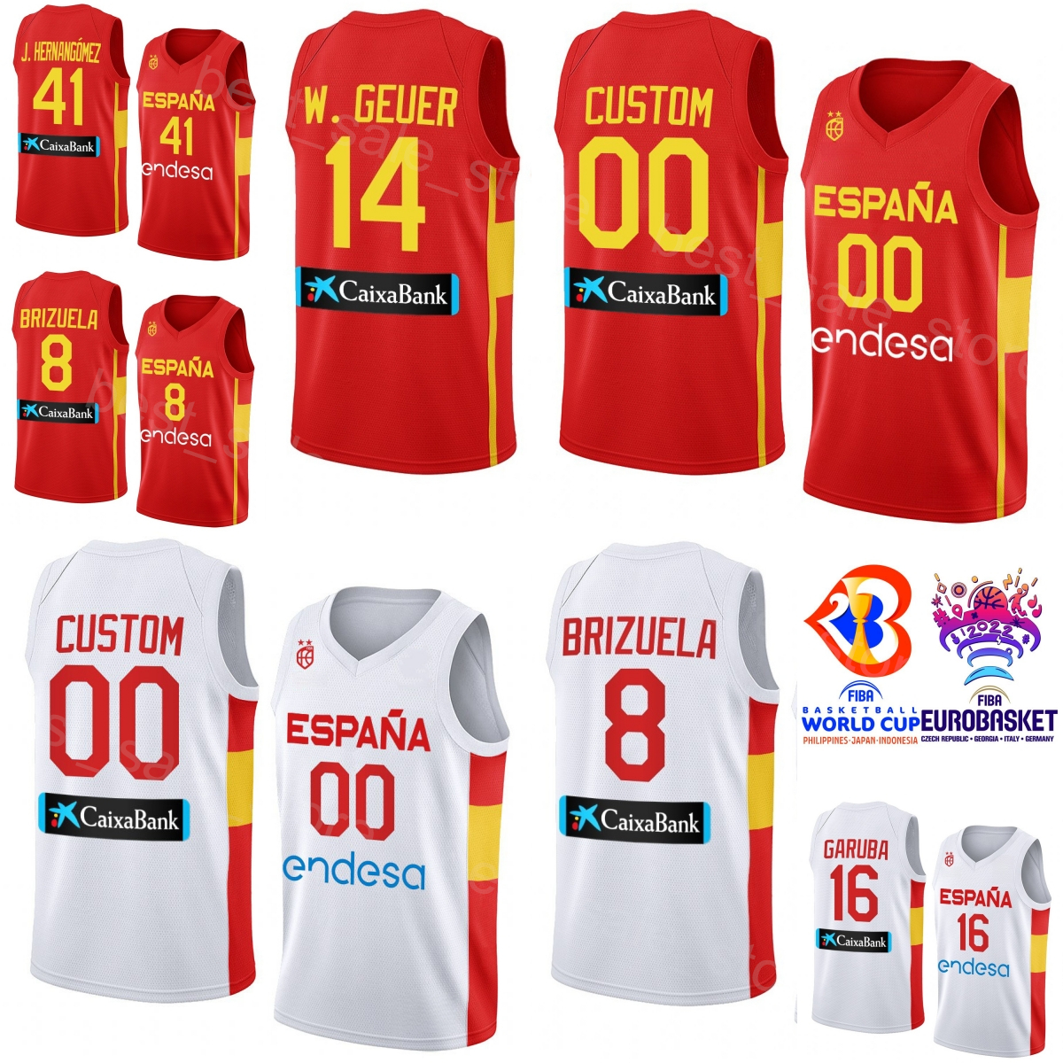 Maillot de basket-ball imprimé de la Coupe du monde 2023 d'Espagne Espana 14 Willy Geuer 41 Juancho Hernangomez 24 JUAN NUNEZ 12 SANTIAGO ALDAMA