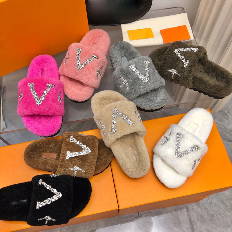Designer Sandal wool fur slippers rhinestone womens sandals ladies fashion fluffy fuzzy slippers winter indoor office casual sandales with box si