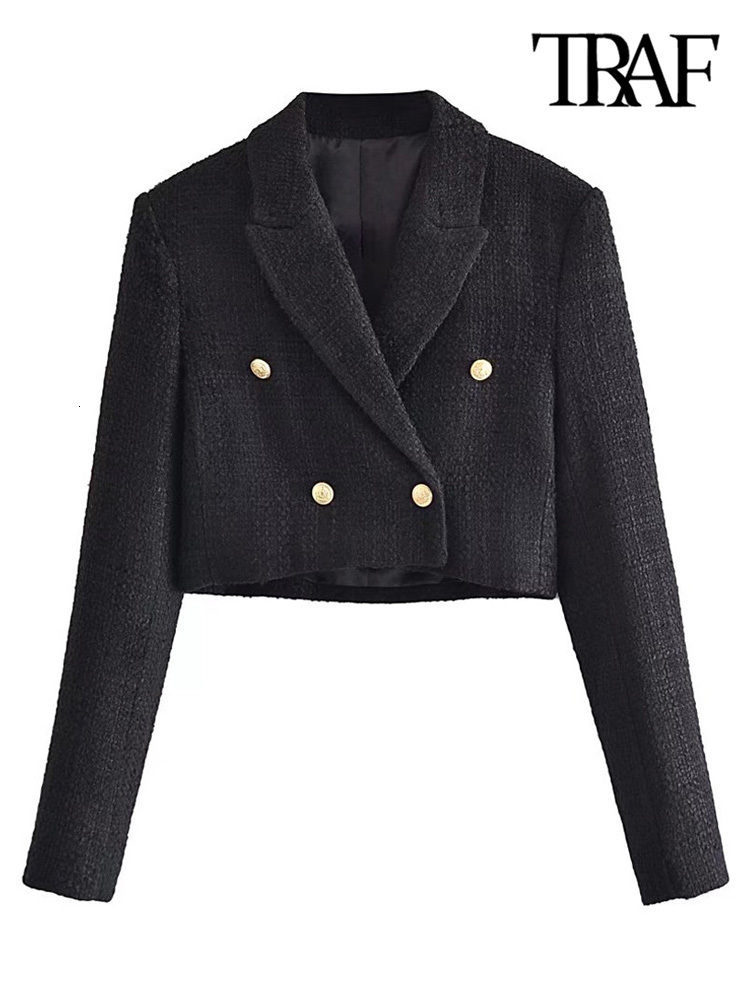 Women's Suits Blazers TRAF Women Fashion Tweed Cropped Blazer Coat Vintage Long Sleeve Front Buttons Female Outerwear Chic Veste Femme 230904 e