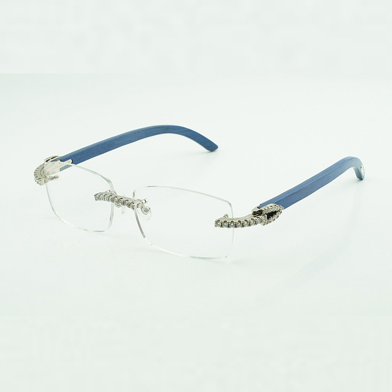 Moissanite stones endless Diamond eyewear frames 3524012 wooden sunglasses with Natural blue wood Legs and 56 mm clear Lenses-image-899449467