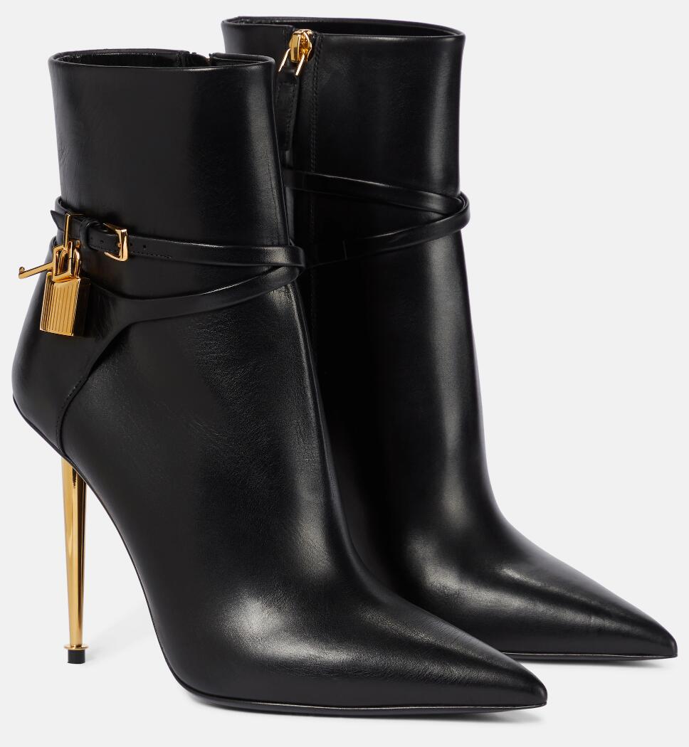 Bottines en cuir de cadenas noir de luxe d'hiver pour femmes, cuir de veau noir, bout pointu, bottines à talons hauts, robe de soirée, botte de m