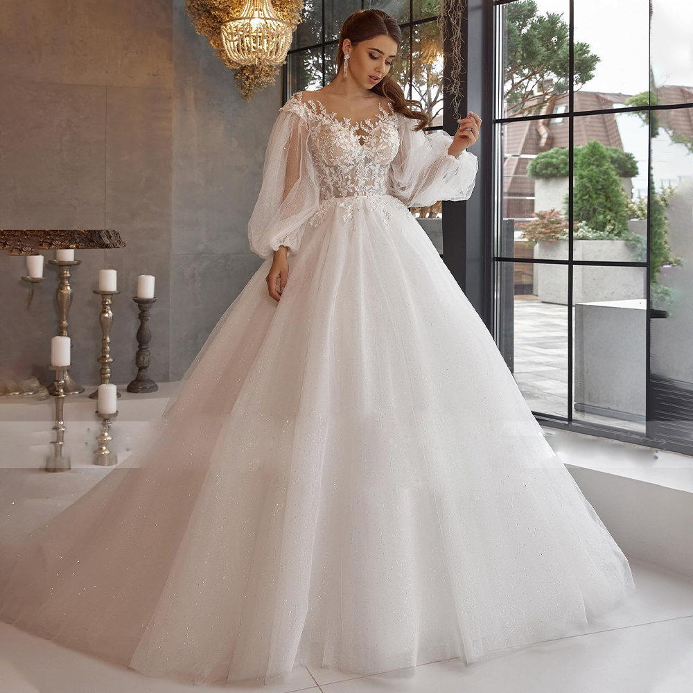 Luxury Glittler Ball Gown Wedding Dresses Sheer Neck Puffy Sleeve Princess Bridal Gown Beaded Lace Appliques Mariage De Novia-image-899475323