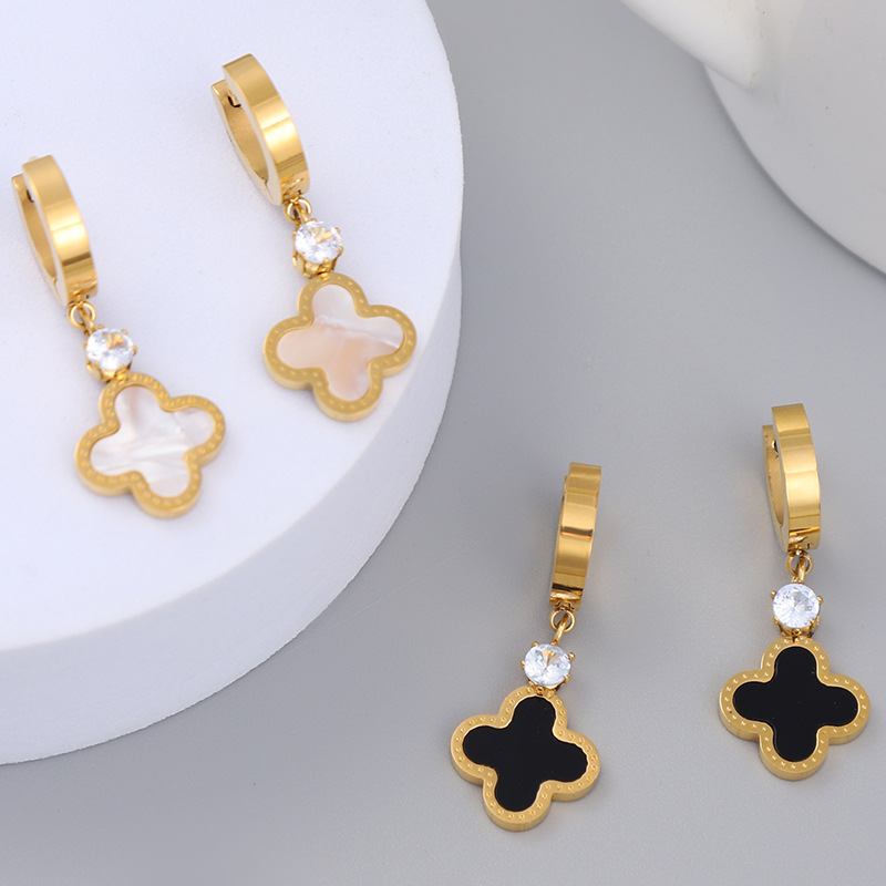 Popular Clover Charm Earring Gold Stainless Steel Huggie Earrings-image-775732545