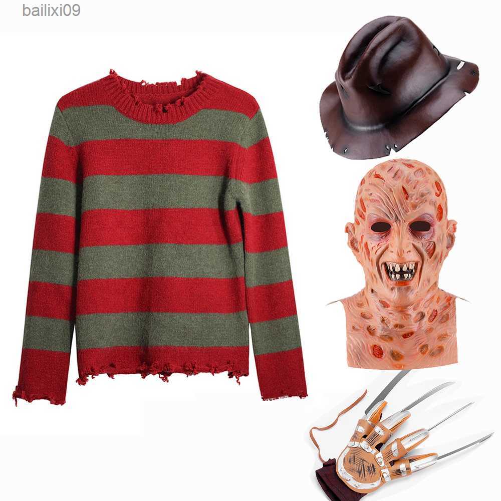 Party Masks Freddy Krueger Cosplay Costume Adult Sweater Red Striped Knitting Top Coat Hat Mask Freddie Krueger Halloween Costume for Men T230905-image-899599758