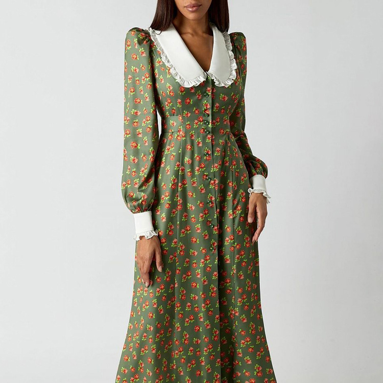Casual Dresses Printed Long Skirt Doll Collar Waist Slimming Europe And The United States New Long-Sleeved Dress-image-873929690