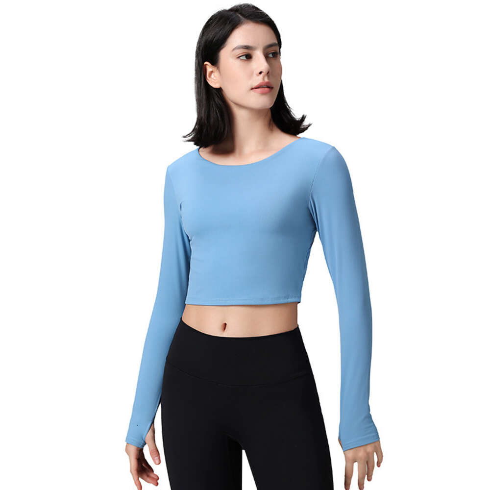 Women Autumn Yoga Crop Long Sleeves Top Suit Top Women&#039;s Outdoor Running with Chest Cushion Umbilical Exposed Back Beauty Fitness Long Shirt-image-899483753