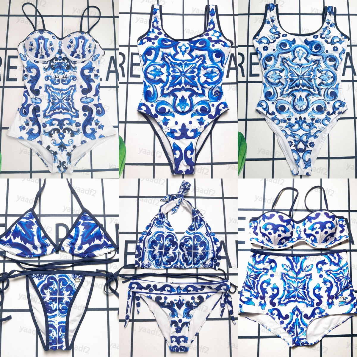Maillots de bain pour femmes Bleu Blanc Porcelaine Jacquard avec coussinet de poitrine Ensemble de bikini Maillot de bain pour hommes Classique D