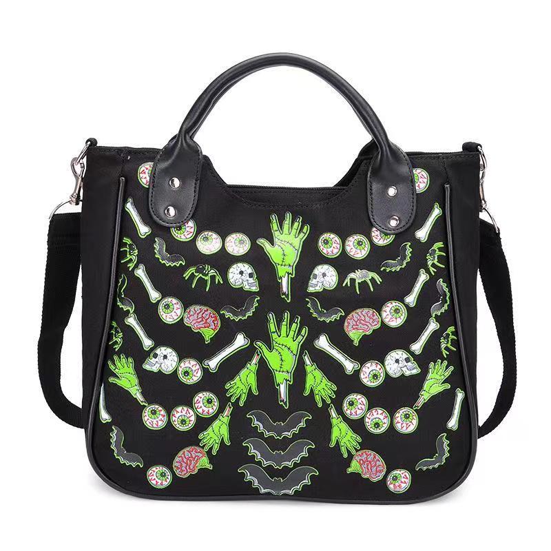 2023 Women's New Fashion Trendy Canvas Bag Punk Style Skull Print Tote Bag Halloween Dress Up Theme Skull Bat Handbag