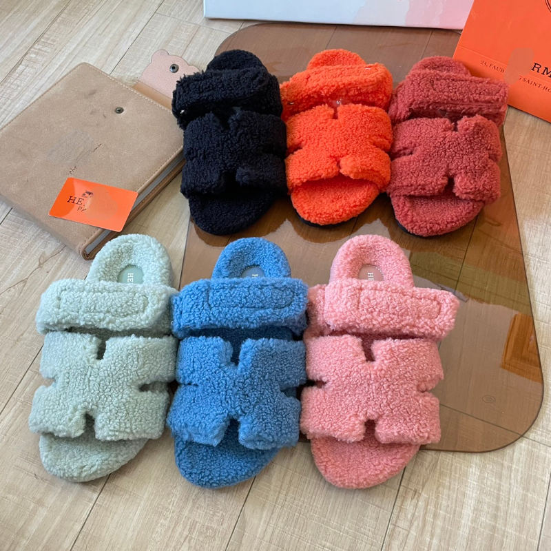 Fashion Brand Woolen Slippers Imitation Lamb Hair Plush Flat Sandals Winter Shoes-image-900056134