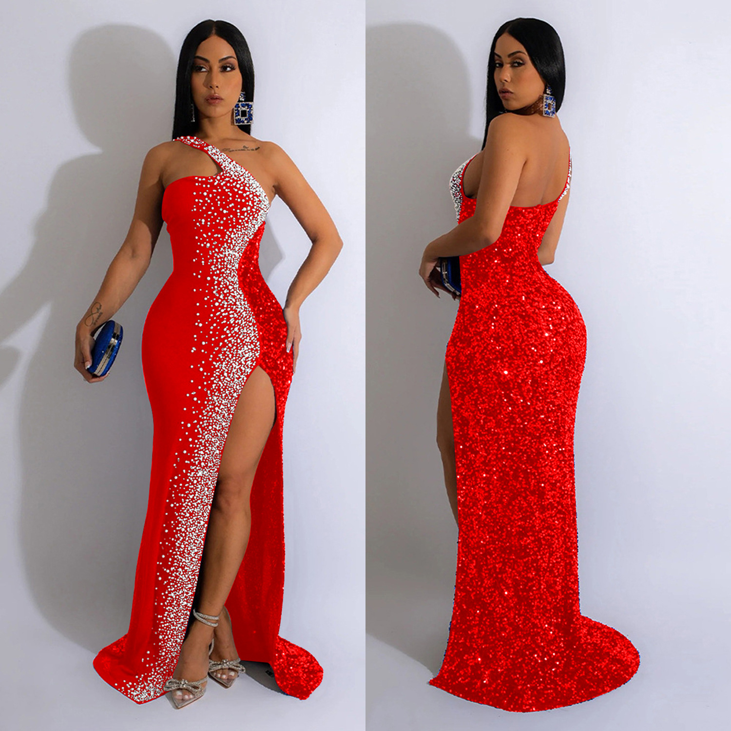 2023 sexy cocktail dress on black girl Aso Ebi Style Prom Dress Long red black blue Lace Evening Dresses African side split shiny vestidos de fie-image-900584461