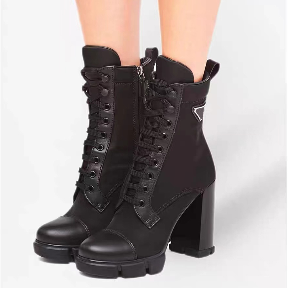 Polished cowhide Splicing nylon Block heel Ankle Boots Stud block column base lace-up Side zipper logo triangle booties luxury designer Brand women&