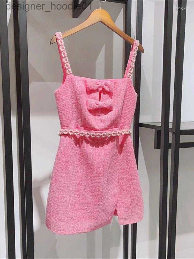 Basic Casual Dresses Casual Dresses Women's Bow Pink Tweed Sling Mini Dress 2023 Spring And Summer Sleeveless Slim Sexy Pearls Trim Short Ro-image-901541206
