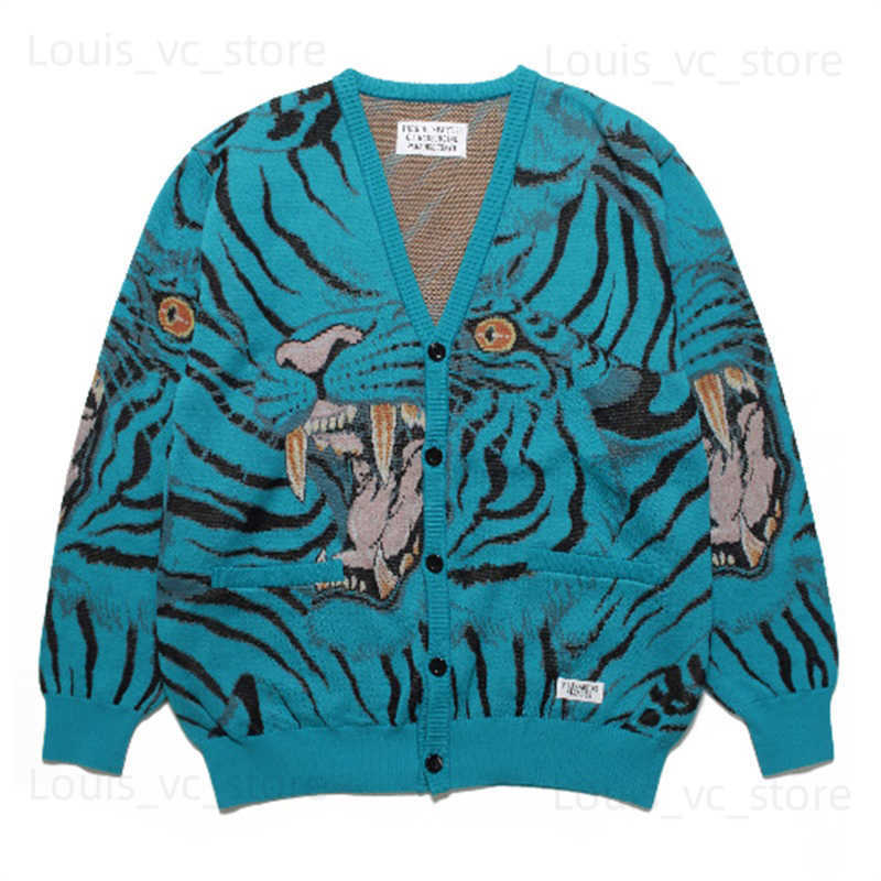 Chandails pour hommes Chandails pour hommes Mode décontractée Hommes Femmes Lâche Haute qualité Col en V WACKO MARIA Cardigan Pull Bleu Kaki Blan