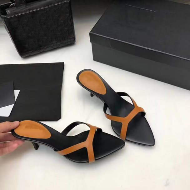 Latest Low Heel Slippers Women's Dress Cross Shaped Leather High Heels Black Brown Sandals Party Wedding 35-42-image-901393077