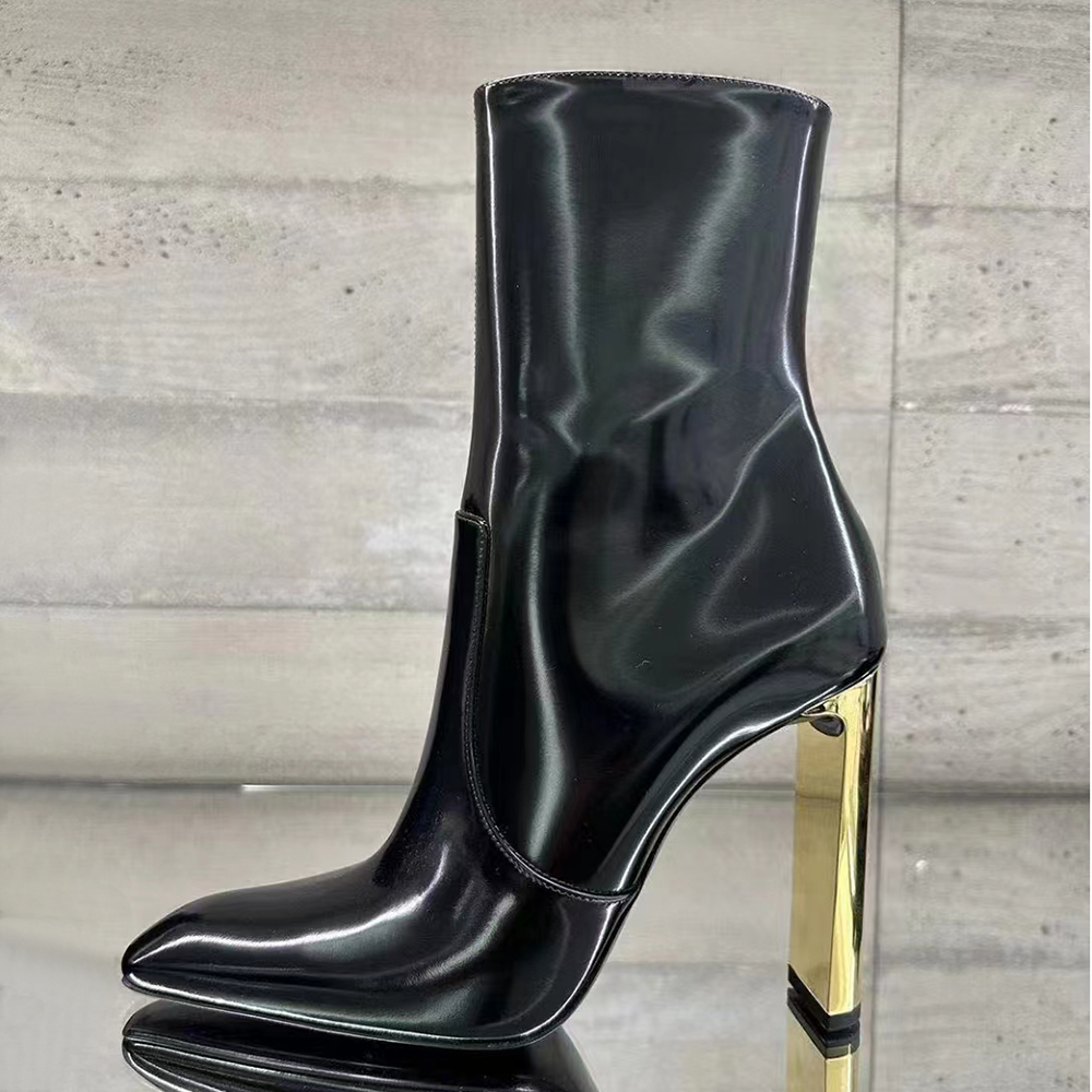 Designer High Heel Ankle Boots Women Leather Boots Vintage Black glossy Genuine Leather Ankle Boots Metal heel side zipper Half Fashion Boots Out-image-901738092