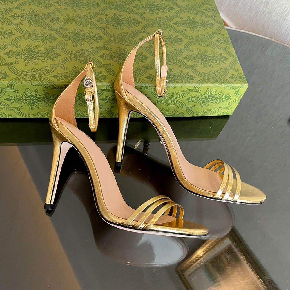 Metallic Leather Ankle-strap Stiletto Heels Sandals Round Toe Rhinestone Button Up Narrow Band Combination Women&#039;s Heeled Designers Dress wo-image-935068090