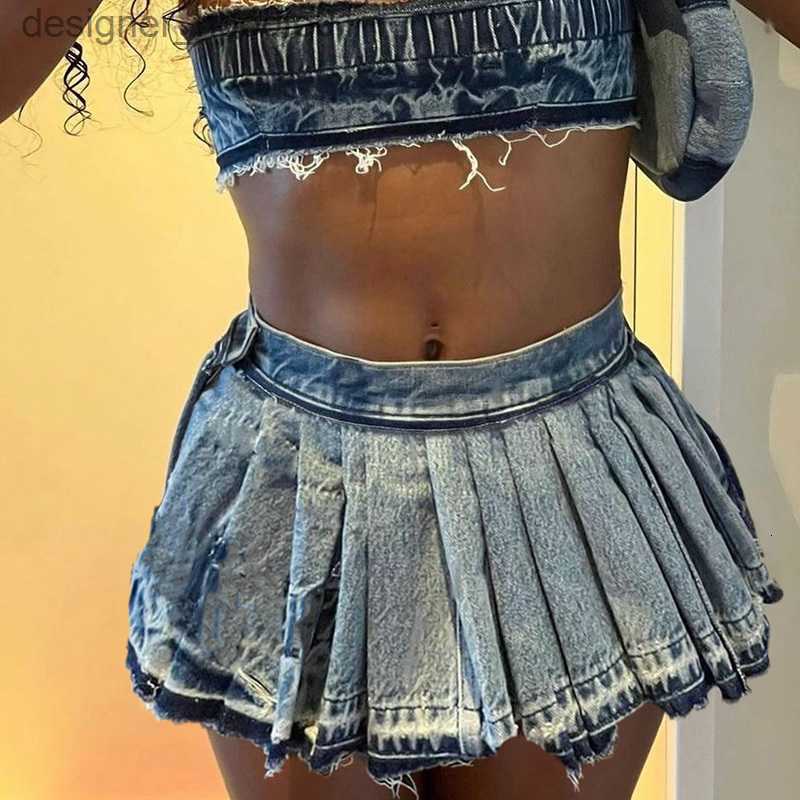 Skirts Skirts Solid color high waisted pleated denim skirt 2023 summer fashion spice girl all match casual women KH23003DG 230826 L230912-image-901752383