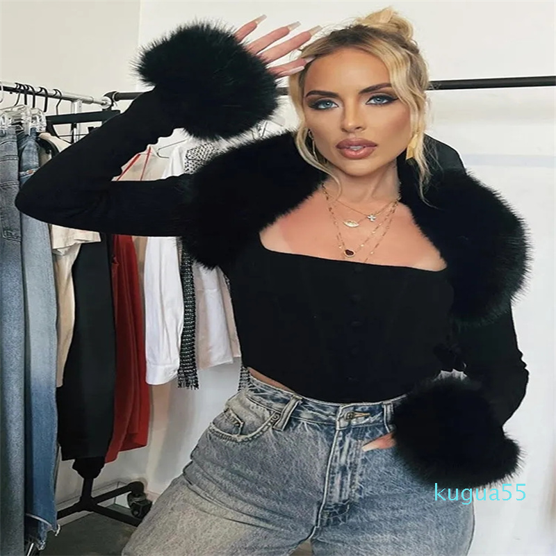 2023-Women&#039;s Jackets Fashion Long Sleeve Fur Collar Knitted Crop Tops Women Elegant Sexy Black Coat Autumn Winter Jacket Woman Clothes-image-902033854
