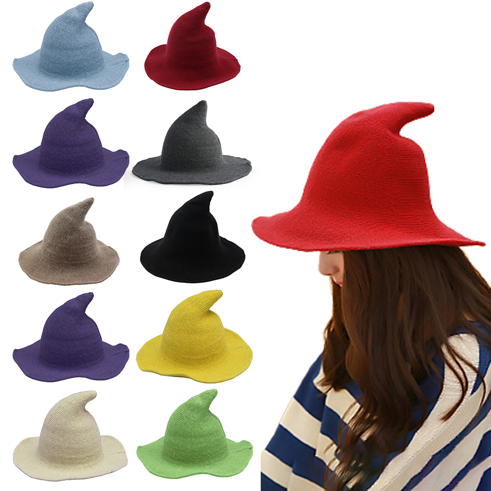 Adult Kids Halloween Witch Hat Wool Knit Hat Solid Hat Party Fancy Dress Hat Witches Top Pointed Caps Dresses Up Cosplay Props FY4892-image-755742769