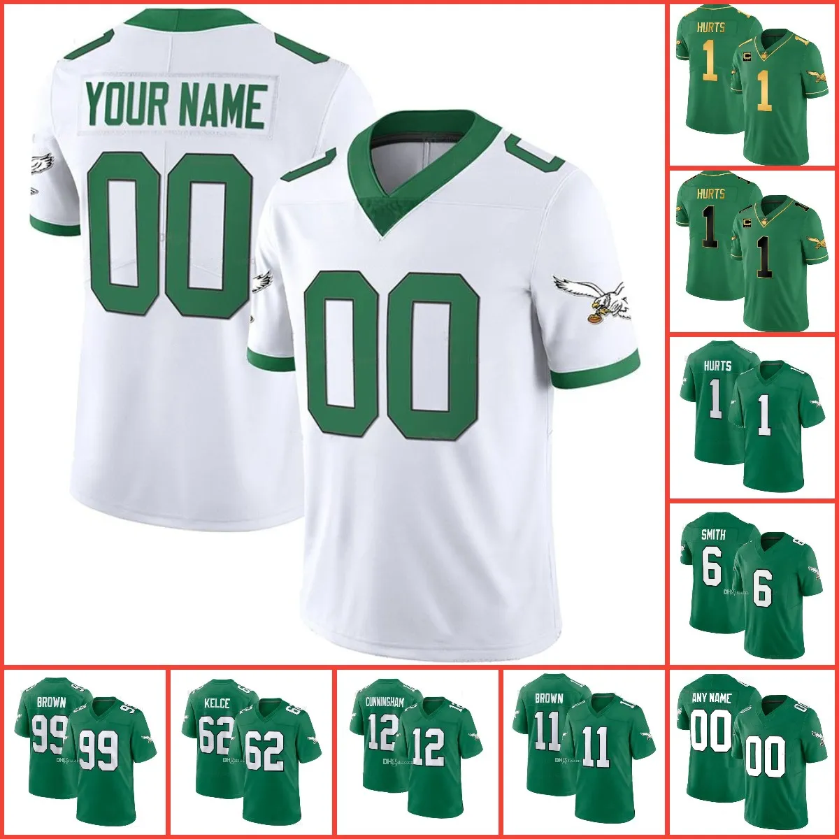 Football Jerseys Custom Philadelphia''Eagles''Men Women Youth 1 Jalen Hurts 62 Jason Kelce 6 DeVonta Smith 20 Brian Dawkins 1