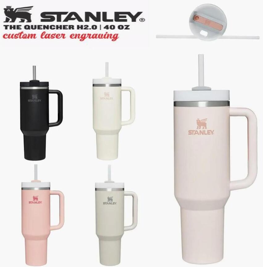 Pink Stanley Quencher H2.0 40oz Tumblers Cups With Handle Insulated Car Mugs Logo on Lids 1:1 Same Color Logo Cups Color Stainless Steel Coffee C-image-836238452