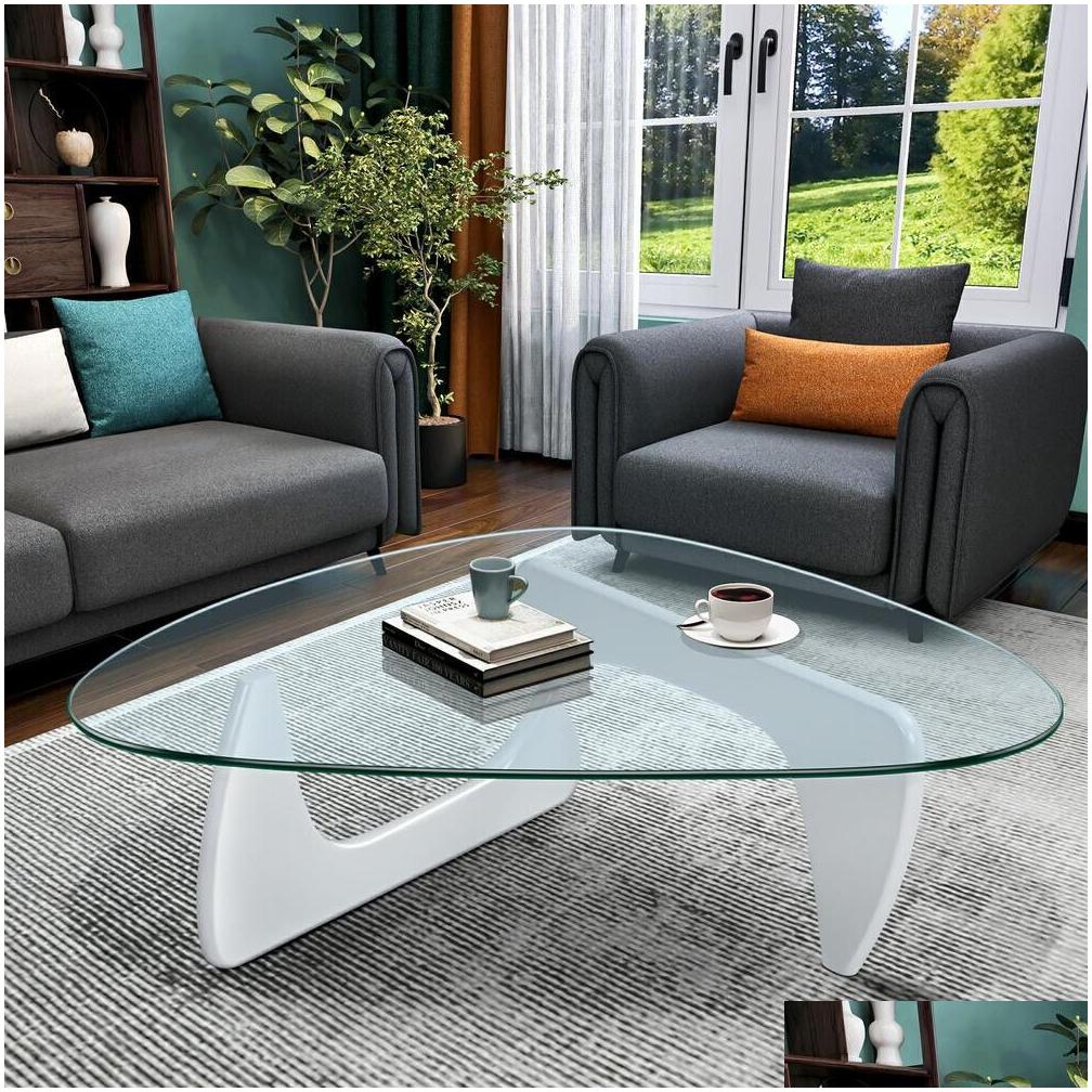 white coffee table triangle glass solid wood base