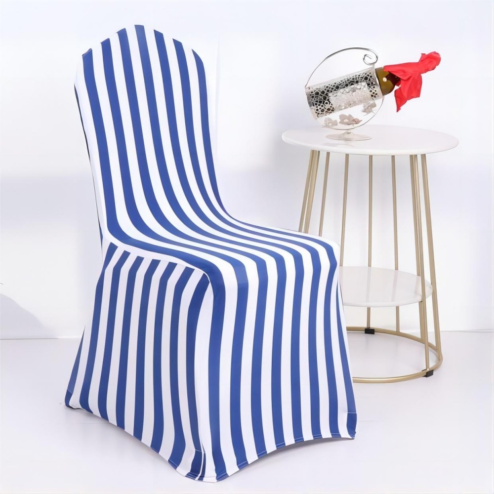 6 Pcs Stretch Spandex Chair Covers Striped Royal Blue and White Wedding Covers-image-751525578