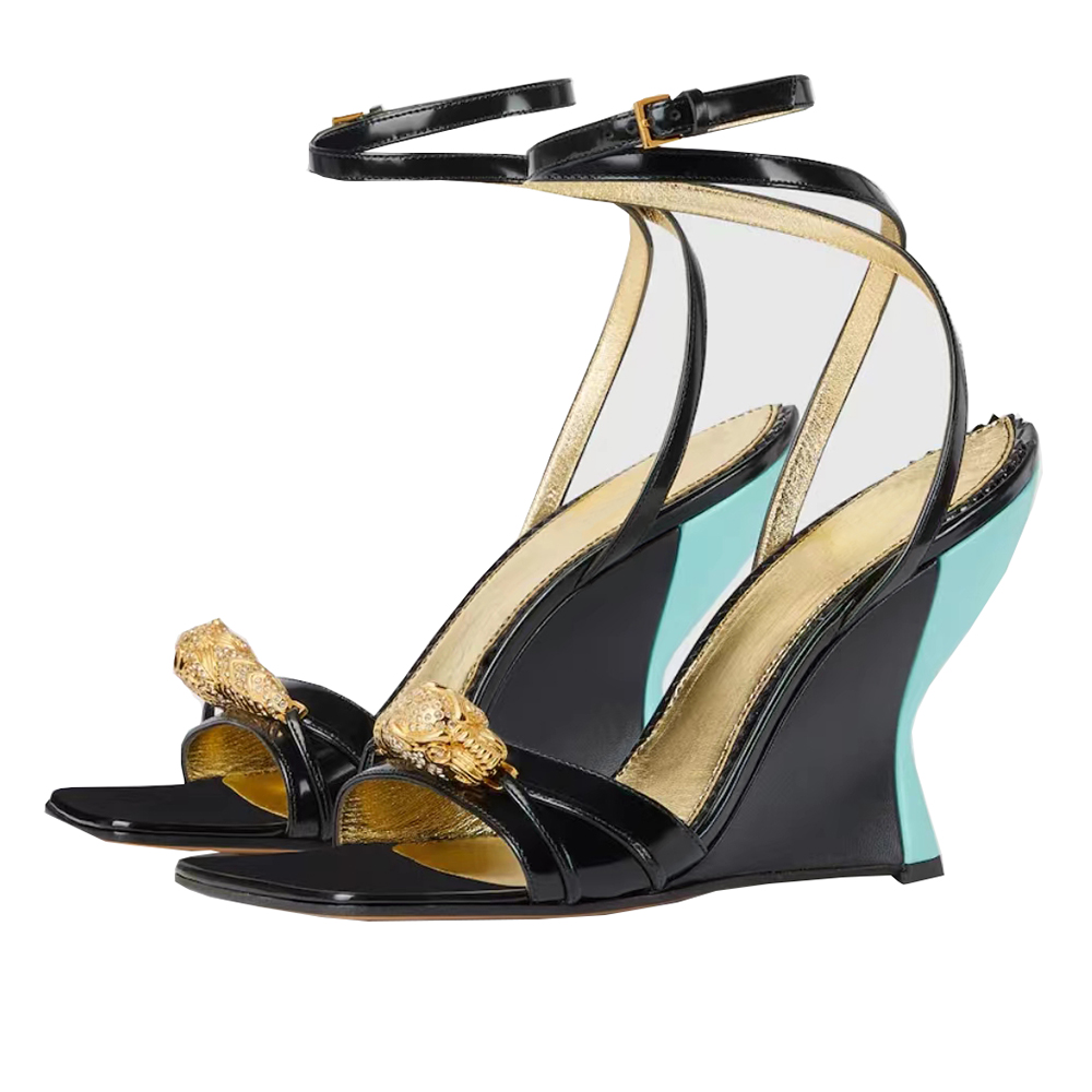 women's high heel sandal with hardware Square Toes wedge Patent Leather ankle strap Decorative buckle 100mm Open toe toe dress shoe Women Lu-image-902287560