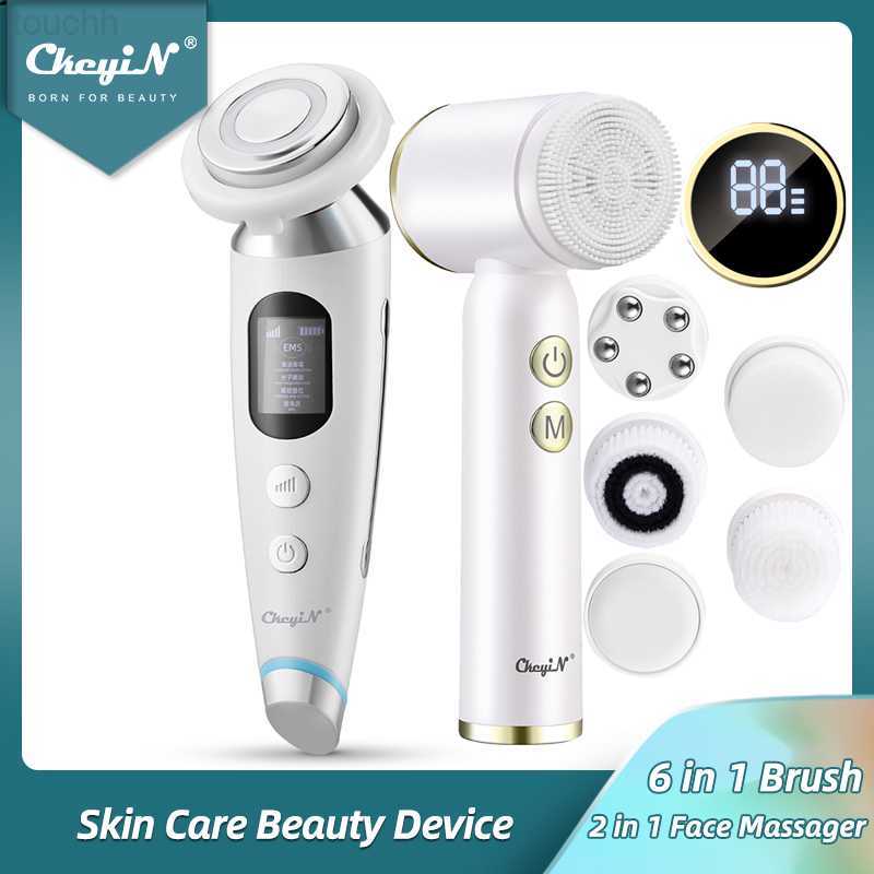 Electric Face Scrubbers CkeyiN 6 in 1 Electric Rotation Facial Cleansing Brush Hot Compress Face Lifting Massager EMS LED Photon Skin Care Winkle-image-904238638