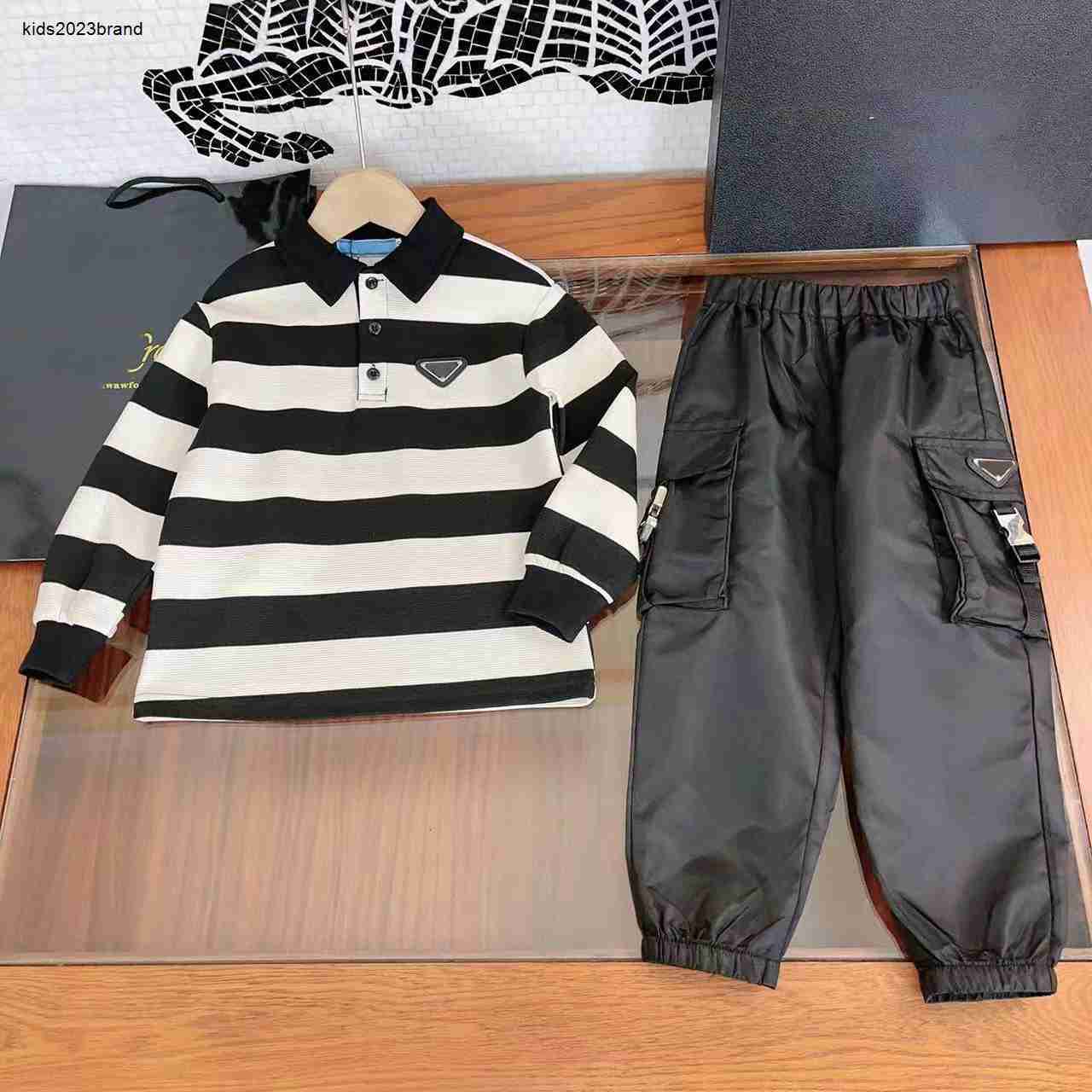 autumn clothes for boy fashion kids Tracksuits Size 100-150 CM 2pcs Black and white striped polo shirt and casual pants Sep15-image-902823502
