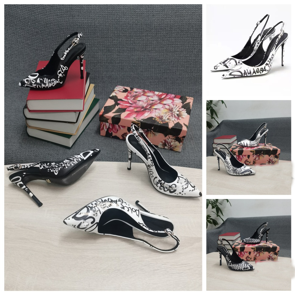 Chaussures habillées Designers Sandales Top Qualité 3D Graffiti Bouton Stiletto Talon Slingbacks Sandale Femme 10,5 cm Talons hauts pointus Lady