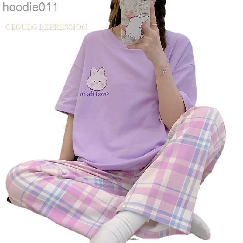 Women's Sleepwear Spring Summer Plus 5XL Pajama Sets Short Tops Full Pants PJ Knitted Plaid Sleepwear Womens Pajamas Lounge Pijama Mujer Hom-image-903814630