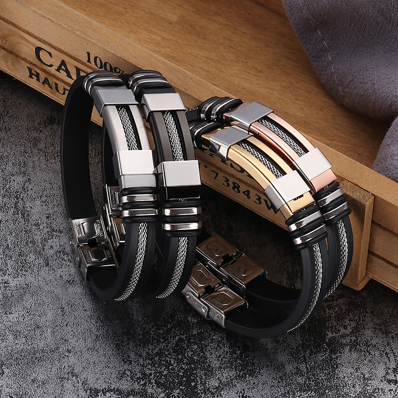 Fashion Punk Style Black Silicone Stainless Steel Charm Bracelets for Men and Women-image-903751654