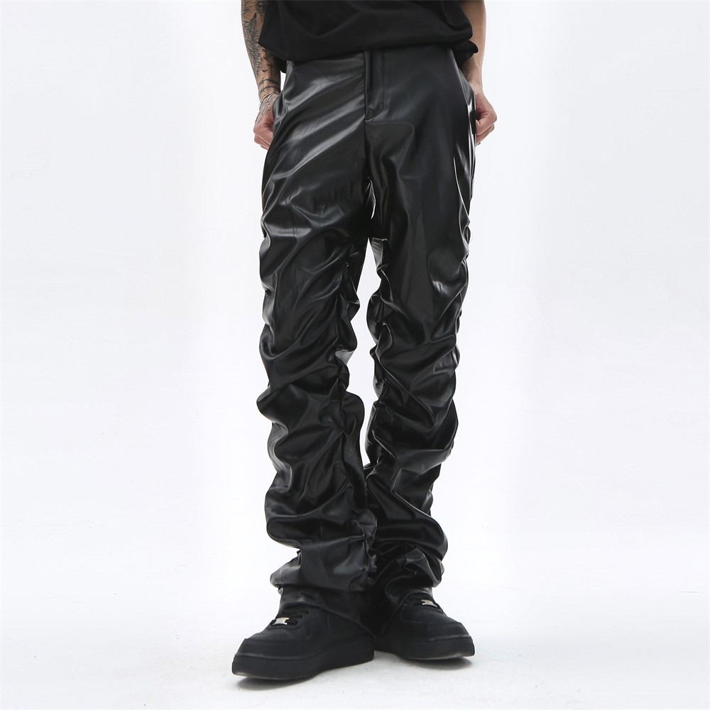 Hip Hop Mens Pu Leather Stacked Pants Retro Streetwear Loose Casual Trousers Straight Solid Color Cargo pants-image-903692370