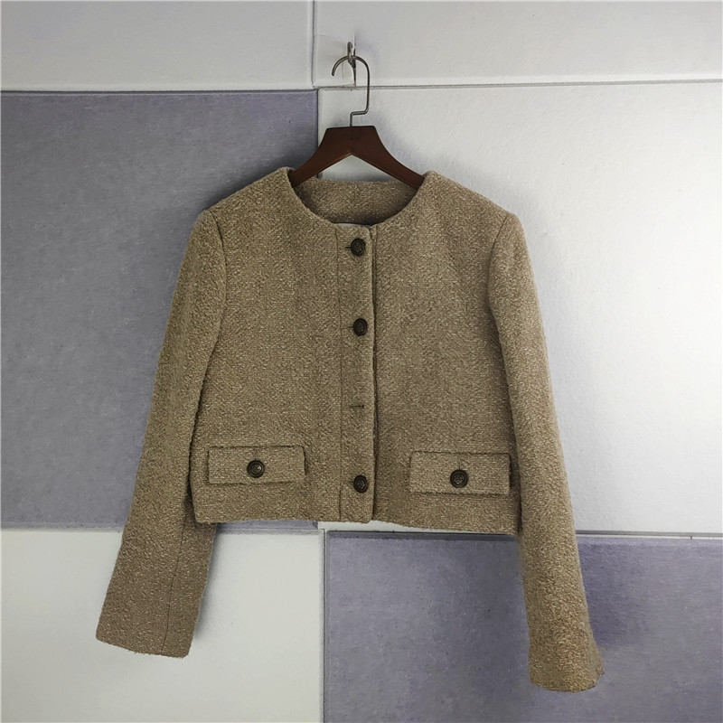 Women Sandro Tweed Round Neck Coat Long Sleeve Short Top