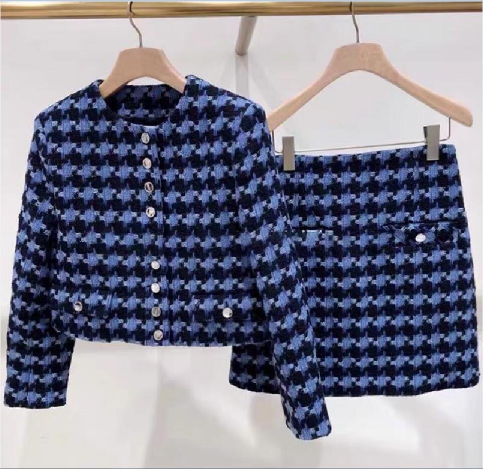 2023 automne / hiver New Maje Elegant Round Coul's Coule Blue Plaid fondu en tweed + A-Line High Wistre