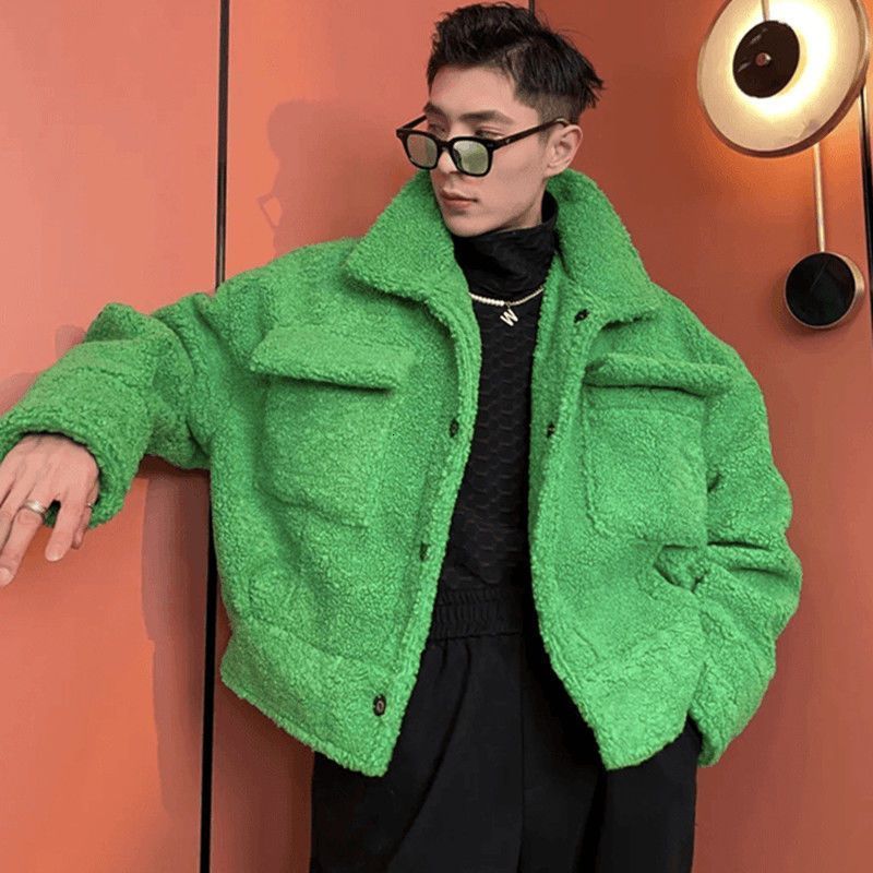 Men's Fur Faux Fur Handsome Green Padded Jacket for Men Lamb Wool Thickened Winter Short Lapel Coat Fashion Unisex High Street Bigh Top 2309